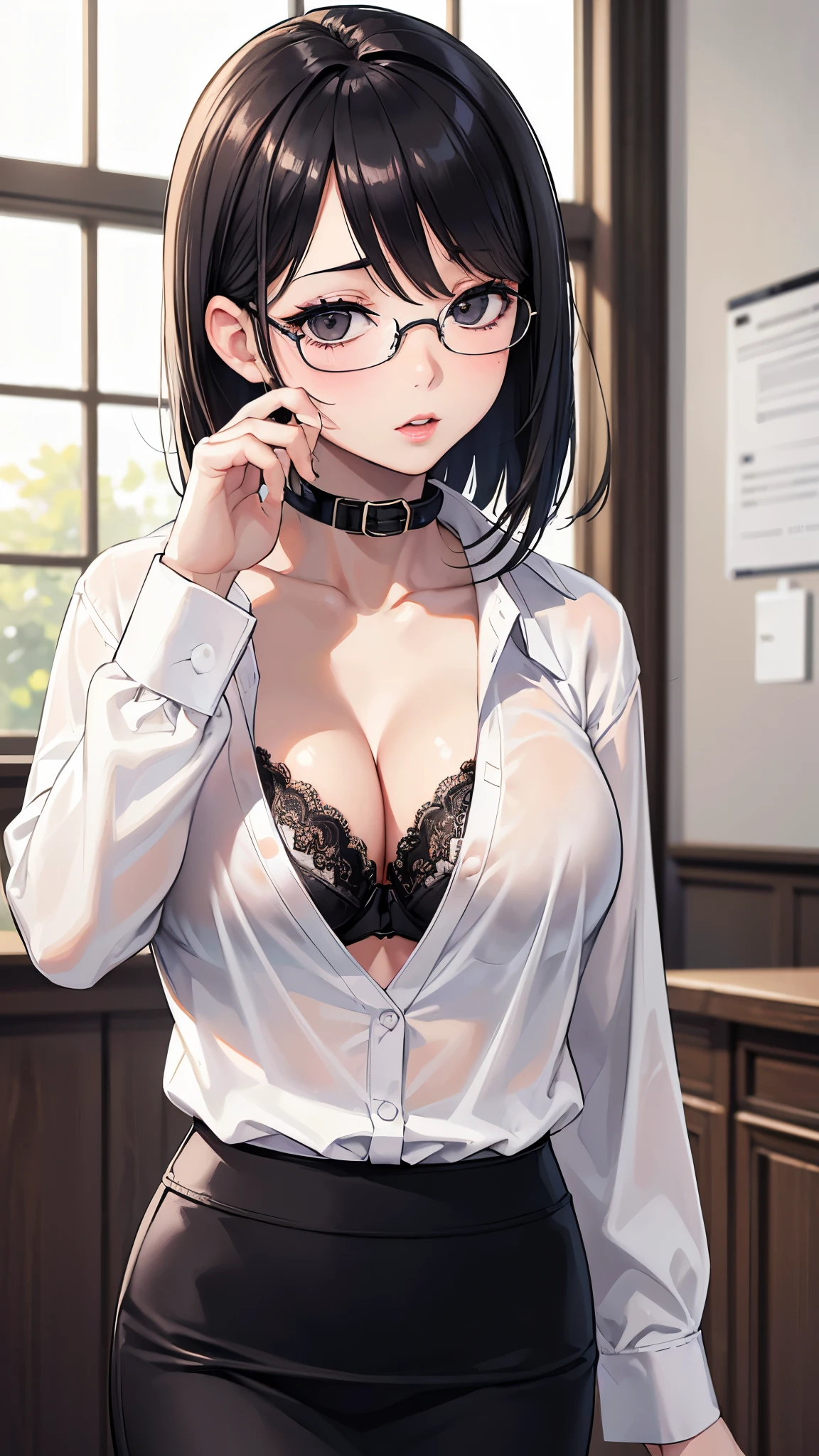 high resolution, Photo of a beautiful woman detailed_face,
young handsome girl,realistic:0.5, perfect skin, (wearing a glasses:1.5), (ultra-detailed background, detailed background), bokeh, make happy expressions, happy emotion, gorgeous,pure, beautyfull detailed face and eyes,breasts,
(black eyes:1.1), (a extremely pretty and beautiful Japanese woman), (sexy girl), (professional attire:1.3), (22 years old: 1.1),
(arms down:1.3),
BREAK
breasts, (dark-blue luxury satin bra:1.2), (black leather shorts:1.2), Insanely detailed outfit, beautiful detailed skin, (cute:1.2), ((K-pop idol)), (upper thigh:0.6), (depth of field),soft light, Lens Glow
looking at viewer, (Drooping eyes:1.2), straight teeth, smile, floating hair, brown eyes,
BREAK
movie scene, cinematic, full colors, 4k, 8k, 16k, RAW photo, masterpiece, professionally color graded, professional photography,
hair up, consider, soft clean focus, realistic lighting and shading, (an extremely delicate and beautiful art)1.3, elegant,active angle,dynamism pose
BREAK
(ponytail:1.3), (shiny-black thin hair:1.2), bangs, dark brown eyes, beautiful eyes, princess eyes, (big eyes:1.3), bangs, wearing a glasses:1.3, Hair between eyes, short hair:1.3, (slender:1.1), (medium-breasts:0.95), (thin waist: 1.15), (detailed beautiful girl: 1.4), Parted lips, Red lips, full-make-up face, (shiny skin), ((Perfect Female Body)), (upper body image:1.3), Perfect Anatomy, Perfect Proportions, (most beautiful Korean actress face:1.3, extremely cute and beautiful Japanese actress face:1.3), (1glasses girl:1.3, solo), (blush:1.1), gray background, solo focus, (bust shot:1.2),
cinematic light, (nostalgic night scene:1.4), (lockeroom at office:1.4), the vibrant glow of neon lights, (looking at viewer:1.2),