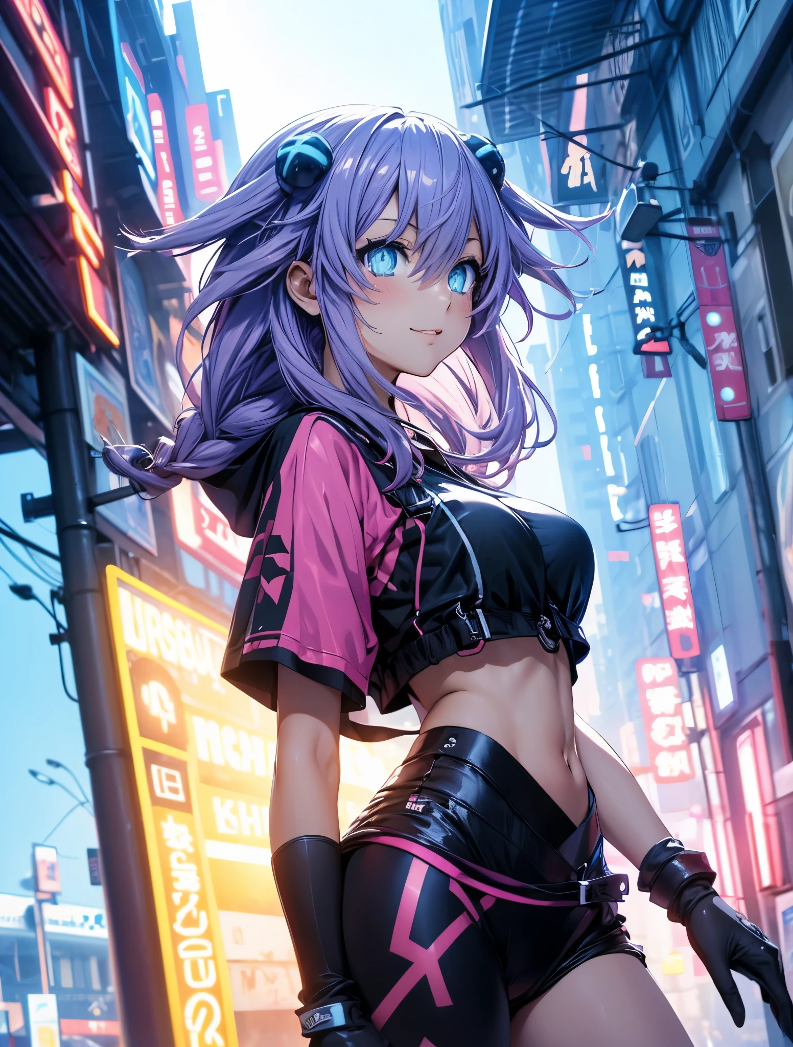 Masterpiece picture quality,Rainbow,Urban girl,ssmile,number art,style of anime,Retro anime girl,Punk girl,in an anime style,dual horsetail,Trendy,neonlight,depth of fields, perfil lateral delantero, ropa casual, cuerpo con curvas, fisicas realista