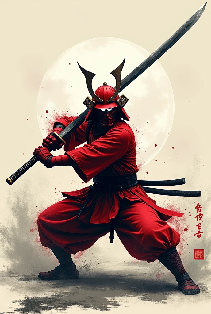 Score_9, Score_8, Score_7_up, 1man, samurai, white flame eye, red samurai armor, red helm, pocket, japan, (((Sword, Japanese Sword, perfection, perfection detail:1.5, great katana, huge, long))), ((both hands, Have)), Stance, Low body strength , dynamic, Oblique angle:1.2, (((Ink painting, force, shortage々Nice touch ))), forceのある刀, angle