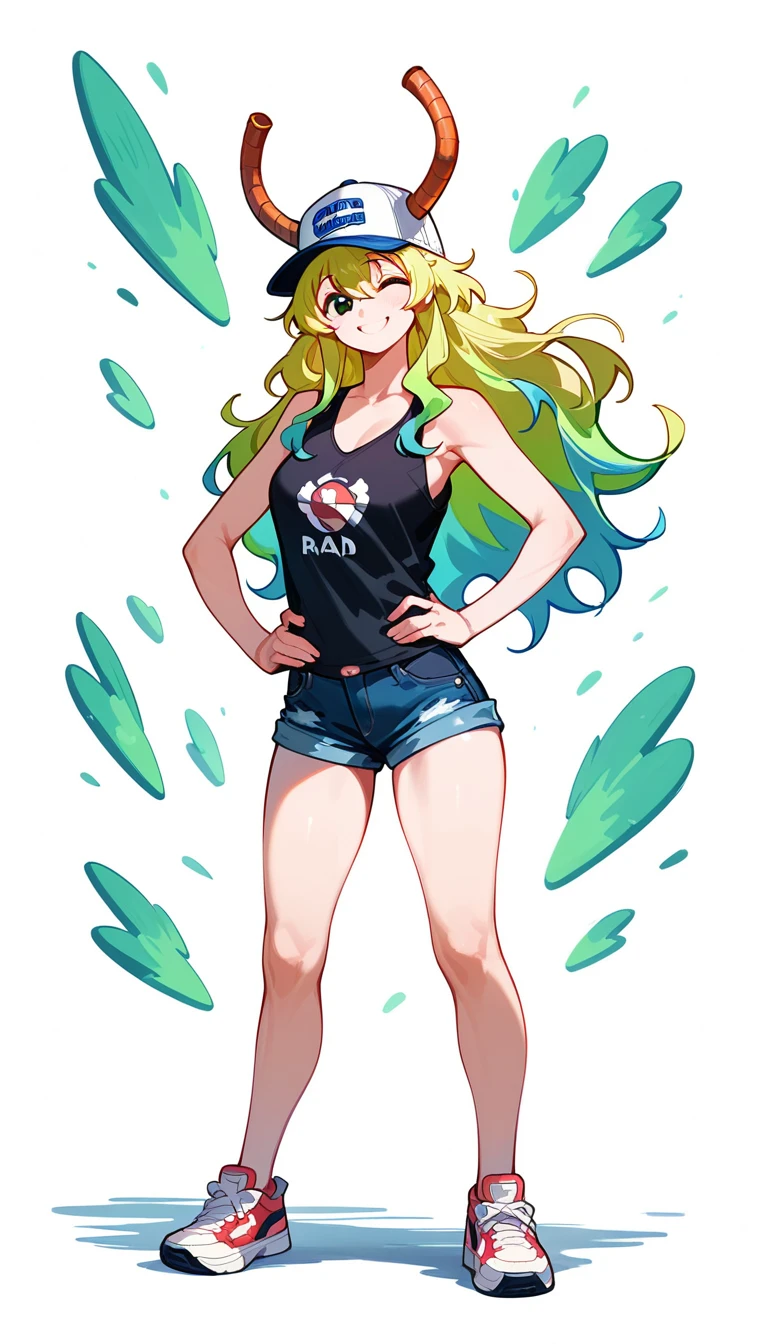 masterpiece, 4k, details, extreme details, high resolution, 1girl, lucoa (Maid Dragon) , smile , baseball cap , dragon horns, black tank top, denim shorts, hands on hips , thigh , long legs , sneakers 