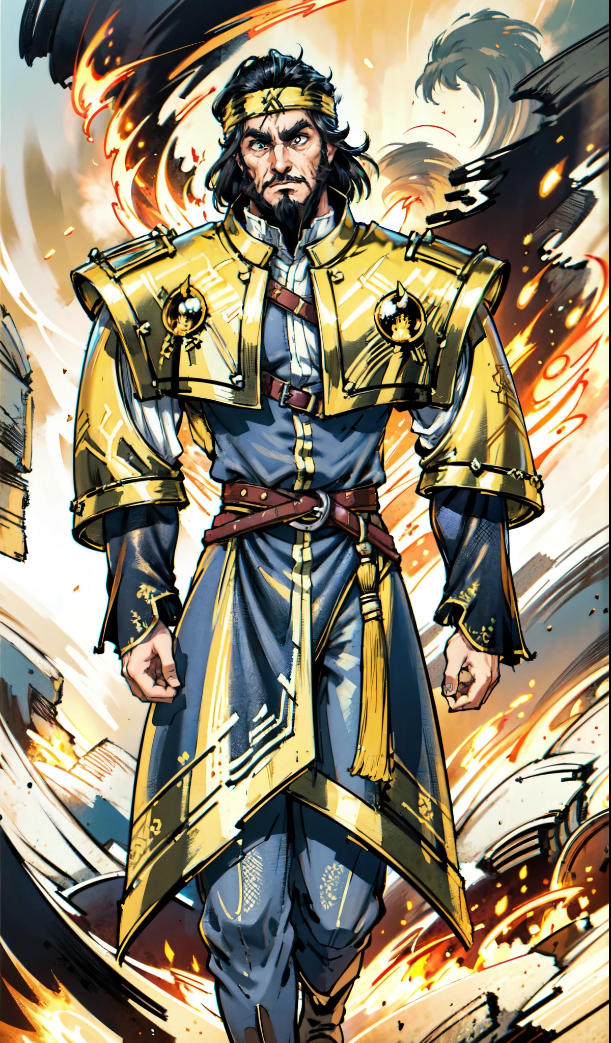 (masterpiece:1.2, best quality:1.2, extremely delicate:1.2), ((male:1.5)), a middle-aged man with medium-length black hair, a yellow headband, thick eyebrows, focused gaze, dignified face, large beard, tall and slender physique, a fantasy-style mage robe, the color scheme is primarily Yellow with White and ‎Black accents, large wide hem, large shoulder armor resembling a cloak, a fire dragon belt, fabric trousers, the background features a thundercloud sky lit up by a red glow from the flames, this character embodies a finely crafted fantasy-style mage in anime style, exquisite and mature manga art style, dramatic, high definition, highres, ultra-detailed, ultra-fine painting, professional, perfect body proportions, golden ratio, anatomically correct, symmetrical face, extremely detailed eyes and face, high quality eyes, creativity, RAW photo, UHD, 32k, Natural light, cinematic lighting, (masterpiece-anatomy-perfect:1.2)
