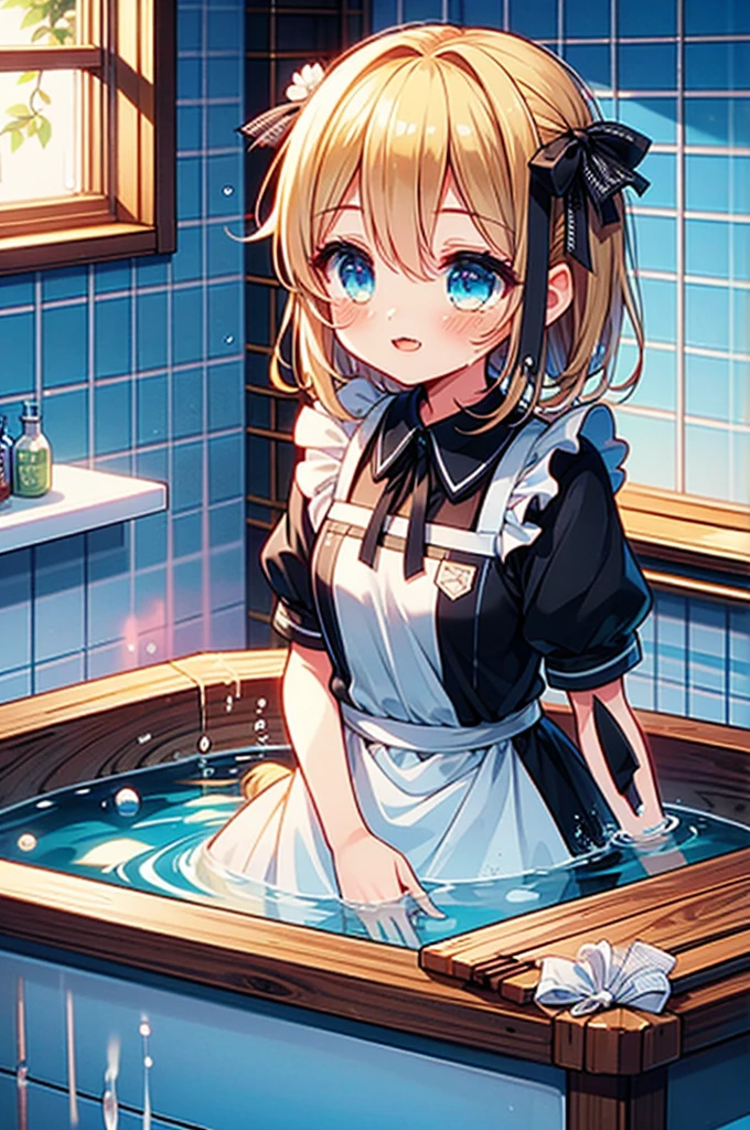 (4K,  super high quality, masterpiece:1.2),  super high definition, One person,  girl, cute, Blonde, Blue Eyes, Small breasts,  maid clothes,  black dress,  White Apron ,  white and black apron dress ,  Katyusha,  Blue Ribbon , Bathroom, Bathtub, Taking a bath, My clothes are still ,  soaked in water up to my chest, Submersion, Water droplets all over the body, soaked,  like a , Bright smile, 