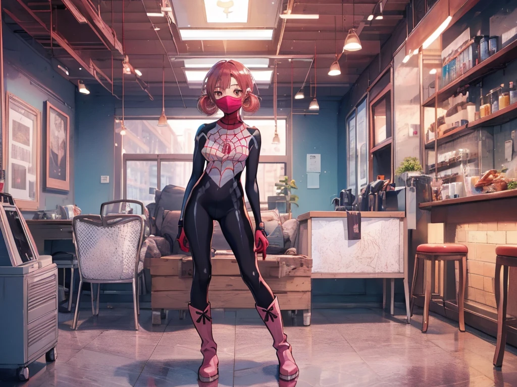 (masterpiece, Best Quality:1.2), Alone,  1 girl, Cindy Moon ,  standing, Sit-in,  mouth mask,  short hair , bodysuit,  Spider Web Print，1girl, Alone, short hair, double bun, pink hair, brown eyes, long boots for stepping on bread