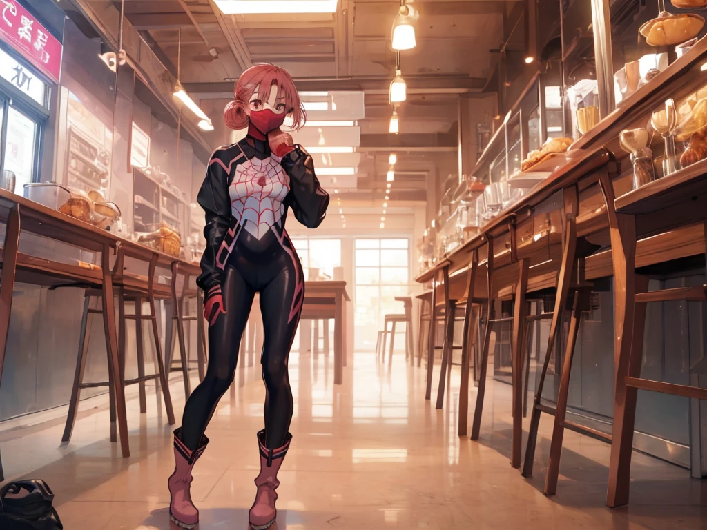 (masterpiece, Best Quality:1.2), Alone,  1 girl, Cindy Moon ,  standing, Sit-in,  mouth mask,  short hair , bodysuit,  Spider Web Print，1girl, Alone, short hair, double bun, pink hair, brown eyes, long boots for stepping on bread