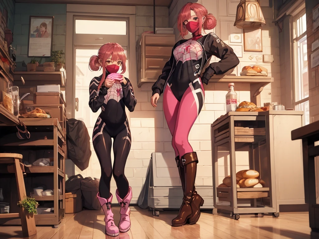 (masterpiece, Best Quality:1.2), Alone,  1 girl, Cindy Moon ,  standing, Sit-in,  mouth mask,  short hair , bodysuit,  Spider Web Print，1girl, Alone, short hair, double bun, pink hair, brown eyes, long boots for stepping on bread