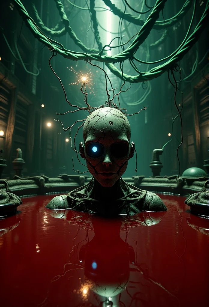 Hyper-realistic 4D image of a dark, gritty industrial setting. A battered, cybernetic woman cyborg head with a mix of metallic and organic textures is partially submerged in a pool of dense, blood-like red liquid. The head features a cracked faceplate and one glowing blue eye, hinting at a haunted, almost human-like presence. Numerous green cables and wires snake out from the back of the head, some sparking slightly, intensifying the ominous feel. The background reveals a maze of thick, tangled green cables hanging from above, casting eerie reflections on the liquid, with faint machinery and vents adding depth to the raw, mechanical atmosphere.