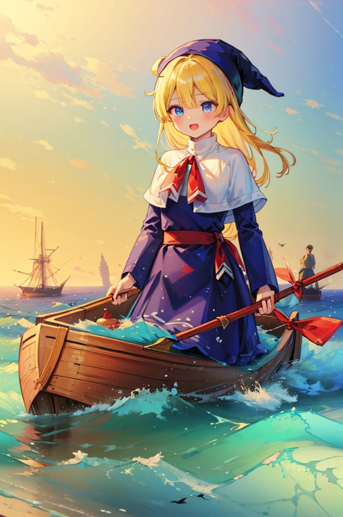 (8k,  super high quality, masterpiece:1.2),  super high definition, cute,  girl, solo, whole body, Puyo Puyo's witch, Blonde, Blue Eyes , blue headwear ,  blue based robe,  red ribbon,  White Capelet , Ahoge,  long skirt, sea, Rowing boat,  splash,  like a , Bright smile,  innocent face ,  open your mouth, soaked, whole bodyに水滴, 