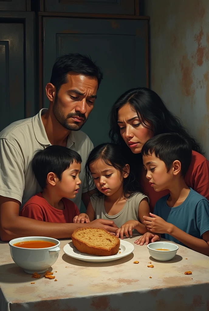 family sad because they don't have anything to eat, all sitting at an empty table