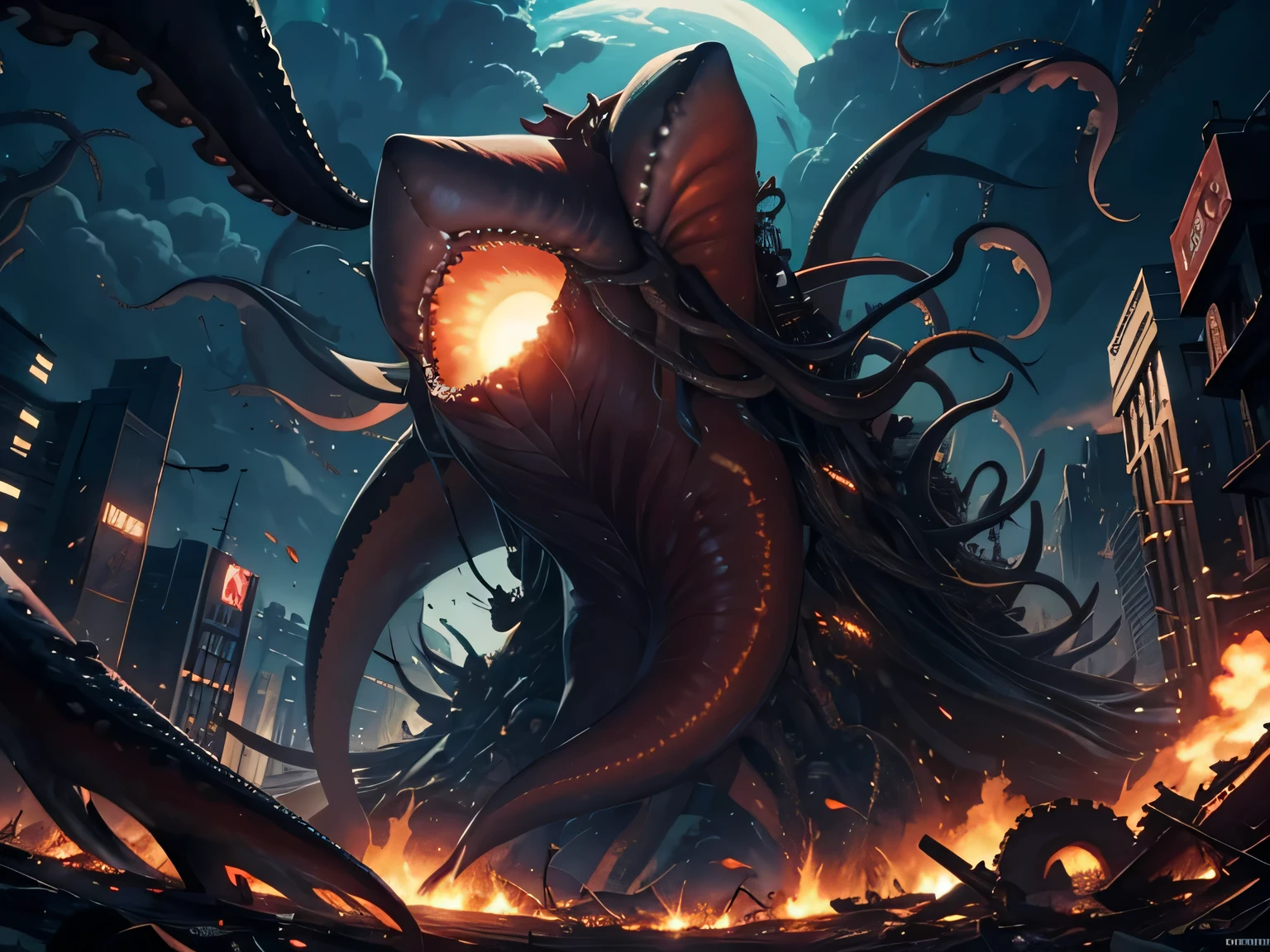 a dark yellow deformed monstrous entity, with a deformed human mask, yellow tentacles and bloody corpse, in the dark of the night, surrounded by dark yellow mist and tentacles, blood and darkness