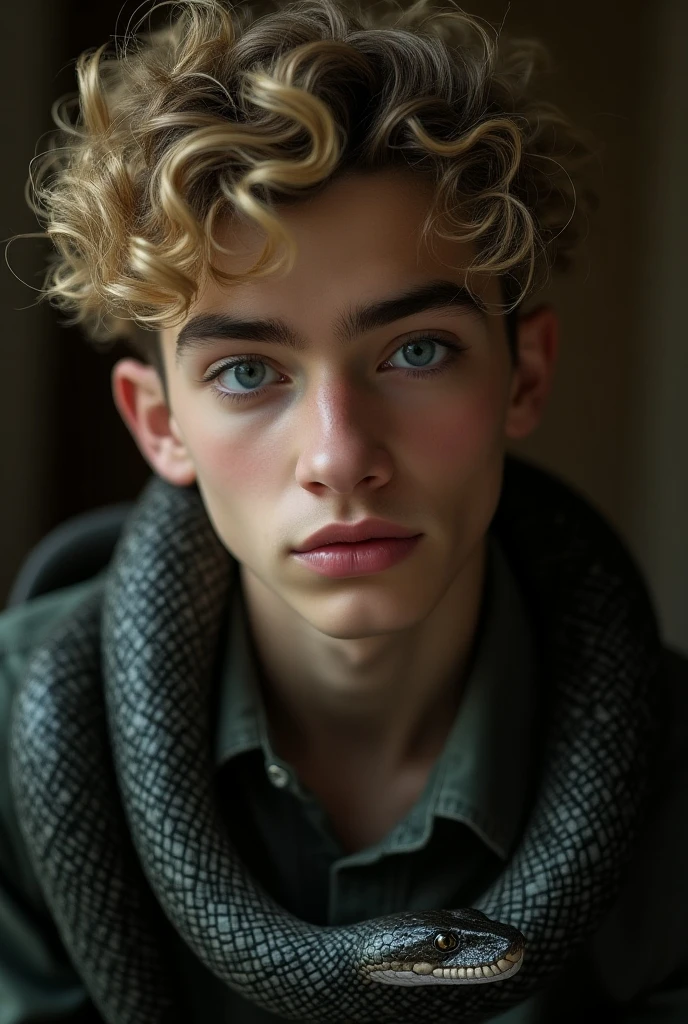 Young boy of 17 years, greek god face, with strong green eyes and freckles, white. curly hair, little volume but short honey color, kissable lips in a gloomy library, thin eyebrows