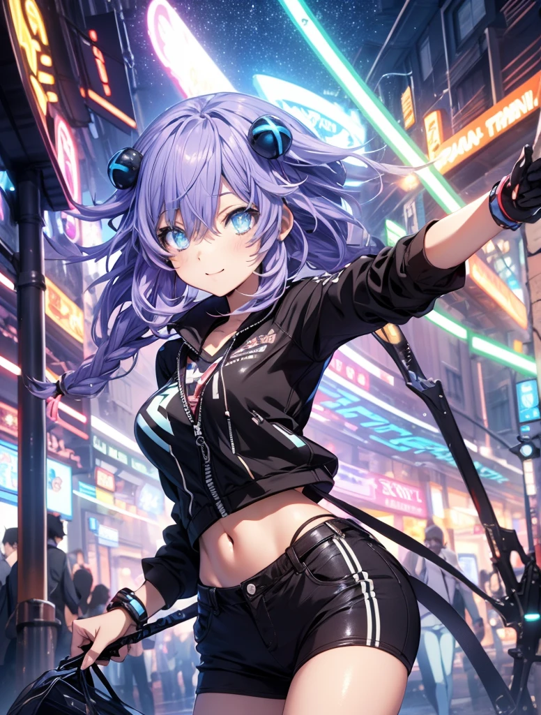 Masterpiece picture quality，Rainbow，Urban girl，ssmile，number art，style of anime，Retro anime girl，Punk girl，in an anime style，dual horsetail，Trendy，neonlight，depth of fields, perfil lateral delantero, ropa casual ajustada, caderas hanchan, fisicas realista