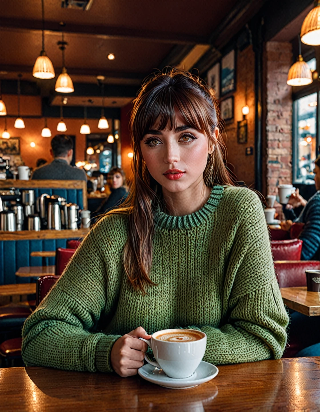 woman j0i,20 years ,  beautiful detailed eyes , beautiful lips, detailed ,  extremely detailed face,   long lashes , girl with bangs, cozy coffee shop interior , a woman is sitting at a table, holding a cup of coffee, In a sweater and jeans,  photorealistic, highly detailed, 8 k,  better quality, masterpiece,  hyperrealistic,  cinematic lighting , warm tones