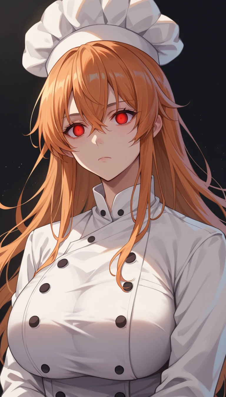 score_9, score_8_up, score_7_up, score_6_up, score_5_up, score_4_up, BREAK source_anime,1girl,erina nakiri, long hair, orange hair, hair between eyes,(Red eyes), glowing eyes,Huge breasts,((empty eyes)),Expressionless,(stand up), ((Black chef uniform)), cowboy shot, black background, simple background,