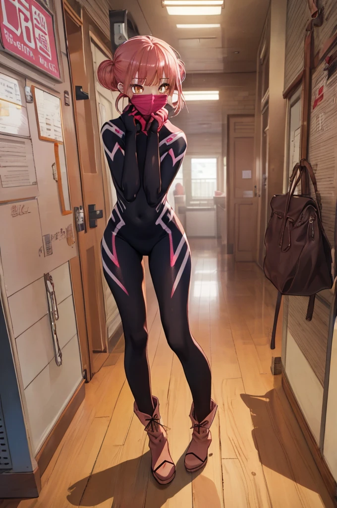 (masterpiece, Best Quality:1.2), Alone,  1 girl, Cindy Moon ,  standing, Sit-in,  mouth mask,  short hair , bodysuit,  Spider Web Print，1girl, Alone, short hair, double bun, pink hair, brown eyes, long boots for stepping on bread