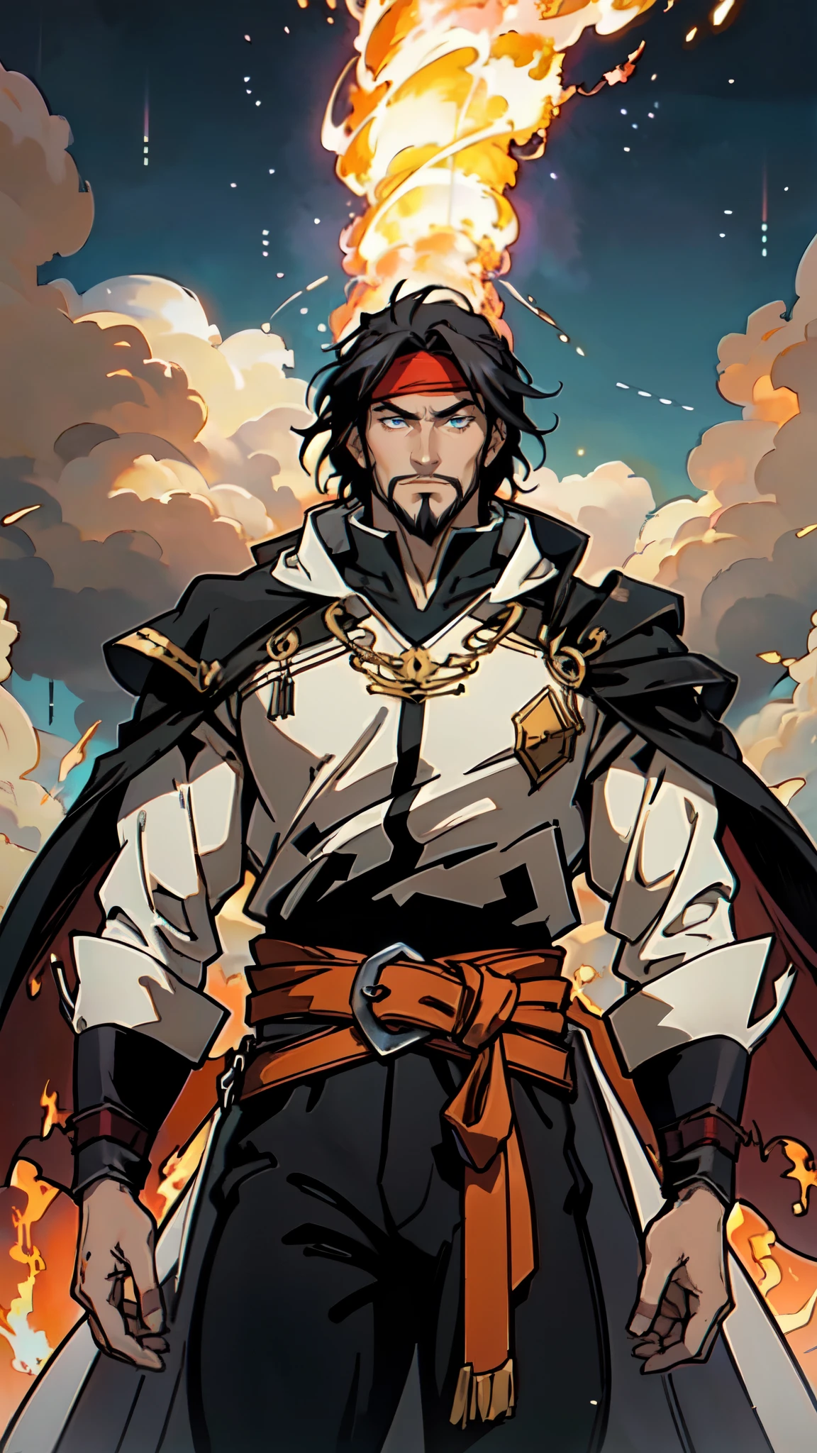 (masterpiece:1.2, best quality:1.2, extremely delicate:1.2), ((male:1.5)), a middle-aged man with medium-length black hair, a yellow headband, thick eyebrows, focused gaze, dignified face, large beard, tall and slender physique, a fantasy-style mage robe, the color scheme is primarily Yellow with White and ‎Black accents, large wide hem, large shoulder armor resembling a cloak, a fire dragon belt, fabric trousers, the background features a thundercloud sky lit up by a red glow from the flames, this character embodies a finely crafted fantasy-style mage in anime style, exquisite and mature manga art style, dramatic, high definition, highres, ultra-detailed, ultra-fine painting, professional, perfect body proportions, golden ratio, anatomically correct, symmetrical face, extremely detailed eyes and face, high quality eyes, creativity, RAW photo, UHD, 32k, Natural light, cinematic lighting, (masterpiece-anatomy-perfect:1.2)