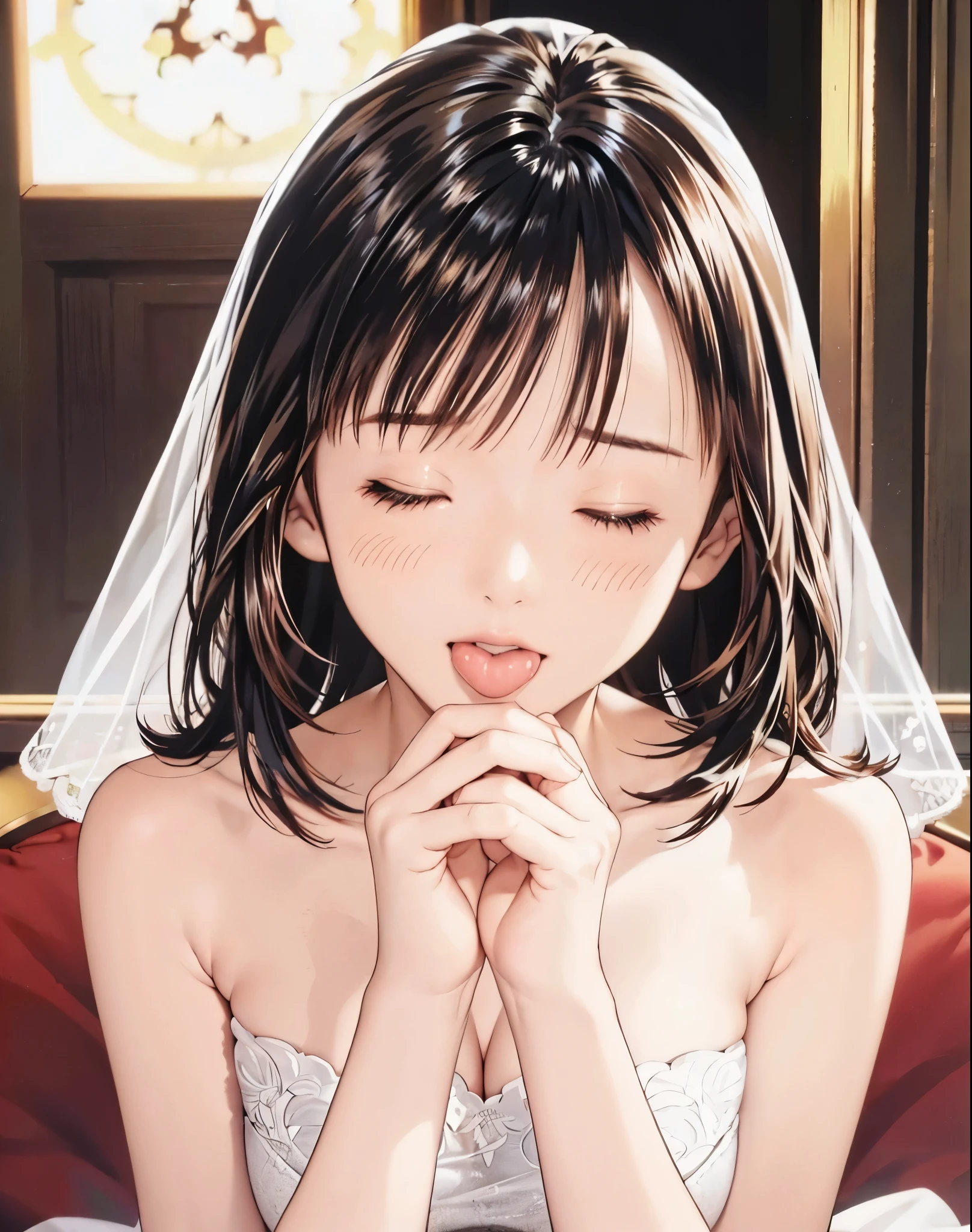 In 8K,Best Quality, high resolution on down, The truth, intricate details,超A high resolution on down, depth field ,Masseter region, natural soft light, Professional Writing, 1 girl,(cute:1.2), Very Beautiful Older Sister ,fine grain,(( Brown Eyes )),( Black Hair ),(Short pixie cut),(bangs),Perfect Skin,shiny skin, pure white skin , fine skin, big, rich breasts,(( COMPLETE ANATOMY,Great hands,Perfect hands, has 5 fingers connected to her palm, precise needles without feeling uncomfortable )),Perfect Barefoot,Delicate legs, perfect balance , sexy, I can see breasts ,Lurks deep inside the vagina,((wedding dress))、((Wedding Rings )), anime girl , long brown hair , Brown Eyes , Rimless Glasses, sunburned skin from before, Very beautiful and big breasted 、((Shyly kissing、Asking for a kiss、Sticking out tongue)、(( close your eyes、Teary-eyed)、background:church、nsfw、Beautiful lips、