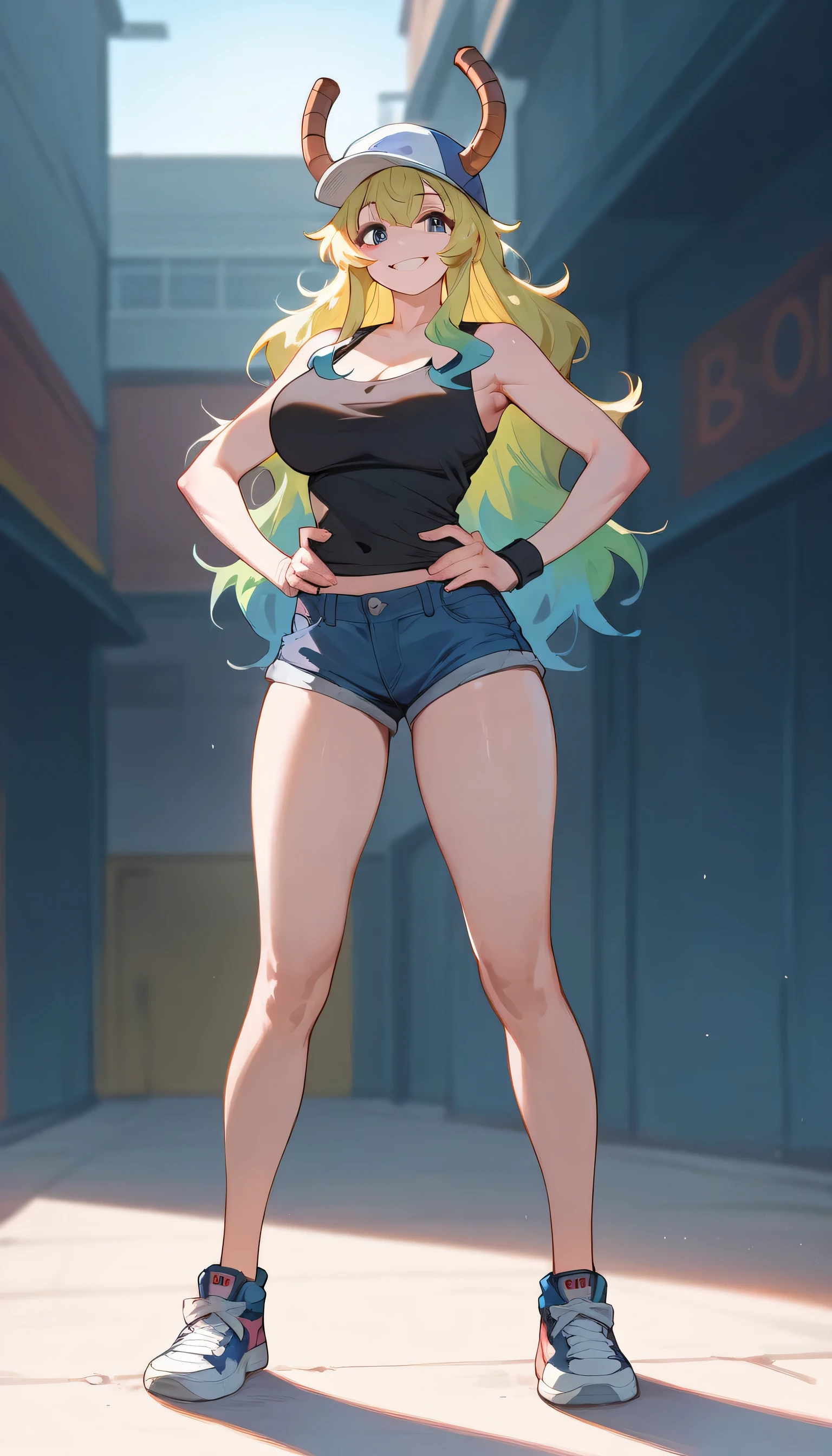 masterpiece, 4k, details, extreme details, high resolution, 1girl, lucoa (Maid Dragon) , smile , baseball cap , dragon horns, black tank top, denim shorts, hands on hips , thigh , long legs , sneakers