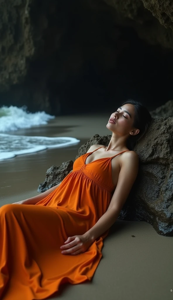 photo of a extremely beautiful Peruvian girl walking at the beach, she has straight black hair and is wearing a yellow dress, a low angle shot, she's laying down in front of the camera, 20 years old, very pretty