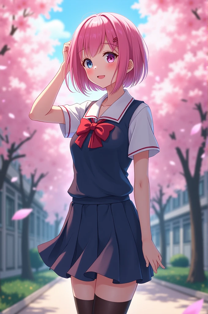 score_9, score_8_up, score_7_up, source_anime, solo, 1girl, osupippi, smile, looking at viewer, arms behind back, school uniform, serafuku, white shirt, blue sailor collar, red neckerchief, short sleeves, blue skirt, pleated skirt, outdoors, cherry blossoms <lora:osu_pippi_ponyXL:1>