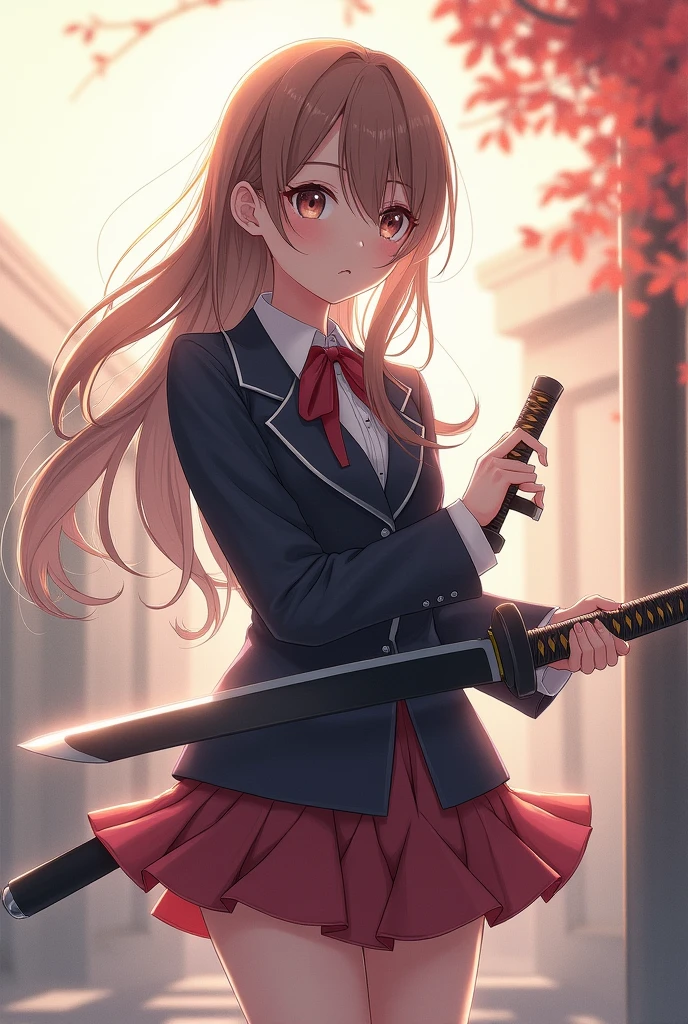 cute､high school girl､Idol､uniform､blazer､mini skirt､See-through､Fluttering in the wind, (Holding a Japanese sword:1.2), katana