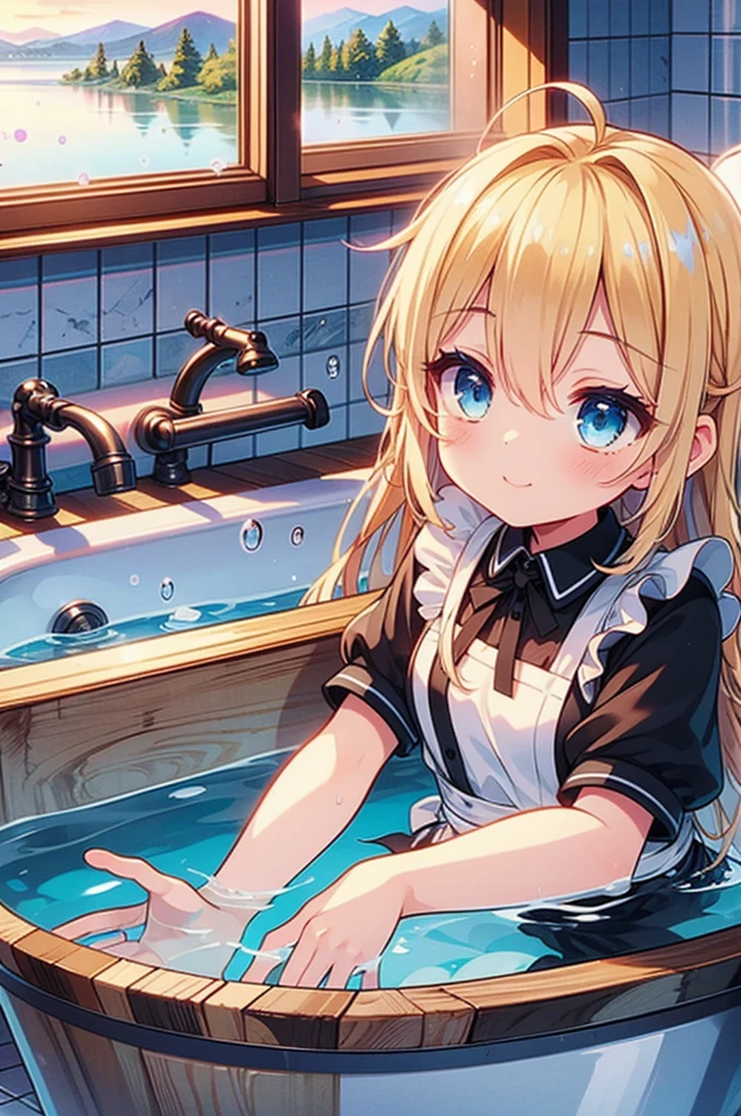 (4K,  super high quality, masterpiece:1.2),  super high definition, One person,  girl, cute, Blonde, Blue Eyes, Small breasts,  maid clothes,  black dress,  White Apron ,  white and black apron dress ,  Katyusha,  Blue Ribbon , Bathroom, Bathtub, Taking a bath, My clothes are still ,  soaked in water up to my chest, Submersion, Water droplets all over the body, soaked,  like a , Bright smile, 