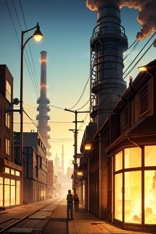 industrial city, surround by wall, steampunk, rusty and heavy, smoke, chimney, factories, gears, machinery, tall buildings, towers, steam power, steam pipes, streetlights, (cinematic lighting:0.8, super detail, bloom) female furry ben 10 style 