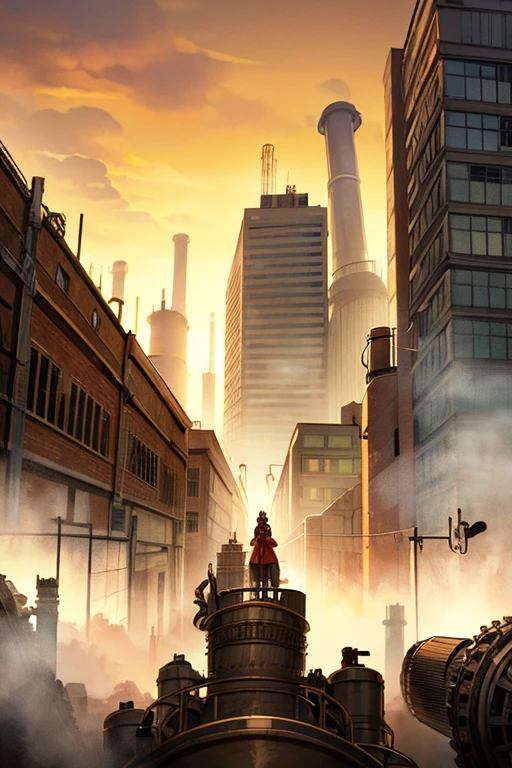 industrial city, surround by wall, steampunk, rusty and heavy, smoke, chimney, factories, gears, machinery, tall buildings, towers, steam power, steam pipes, streetlights, (cinematic lighting:0.8, super detail, bloom) female furry ben 10 style 