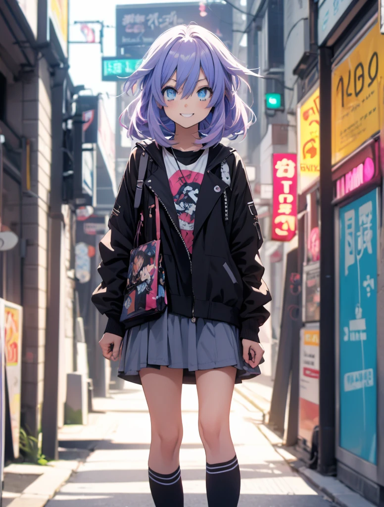 Masterpiece picture quality，Rainbow，Urban girl，ssmile，number art，style of anime，Retro anime girl，Punk girl，in an anime style，dual horsetail，Trendy，neonlight，depth of fields, perfil lateral delantero, ropa casual ajustada, caderas visibles, fisicas realista