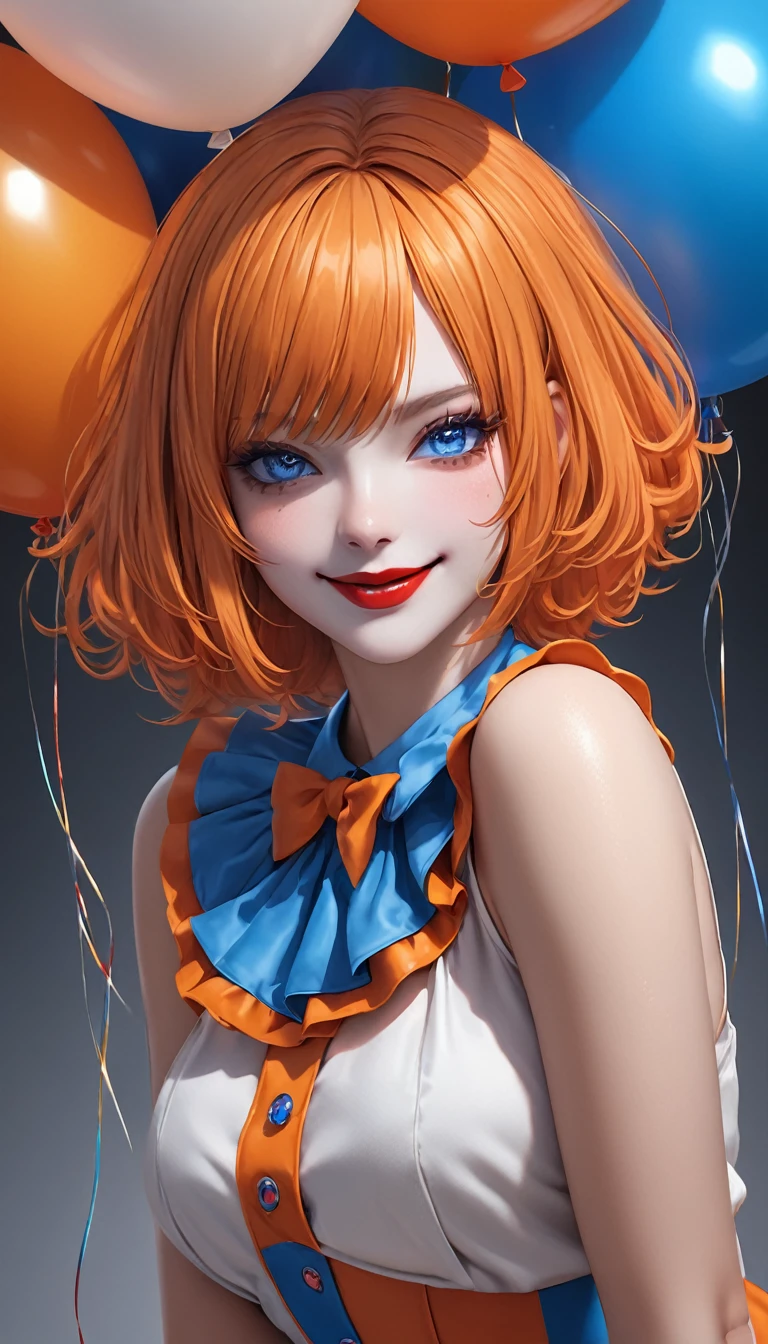 masterpiece,   high resolution on down ,   anatomically correct , 最 high quality,   high detail ,  high definition model ,   very detailed,   high quality,  Ultra High Definition,   Textured Skin,  Realistic Skin , Delicate skin, orange and blue split hair, Bob Hair,  bangs between eyes, Blue Eyes,  Sparkling Eyes,  high resolution on downの目, Adult women, textured lips,  heavy makeup, 
 crazy smile , 
Clown woman ,
Wearing clown clothes,
 Dramatic Angle ,
balloon