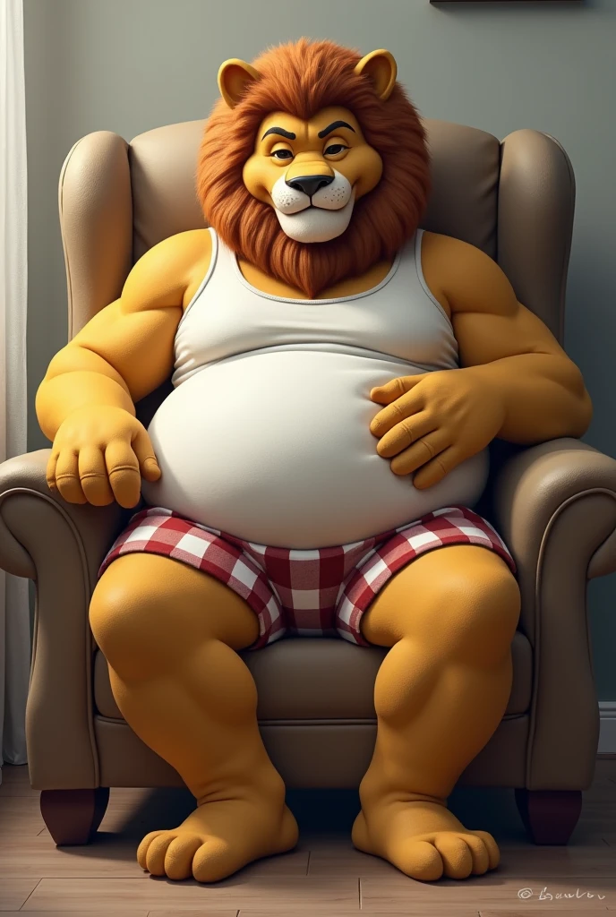 lion, male, long blond mane, correct and extremely detailed eyes, feral legs, non-feral body, just realistic feral legs, long fur, heavy body hair, extremely obese lion, extremely large and fat belly, in very tight shirt, very cargos  tight and tight, sitting on a homemade chair in an indoor greenhouse, front view, face portrait, realistic, photorealistic, 8k