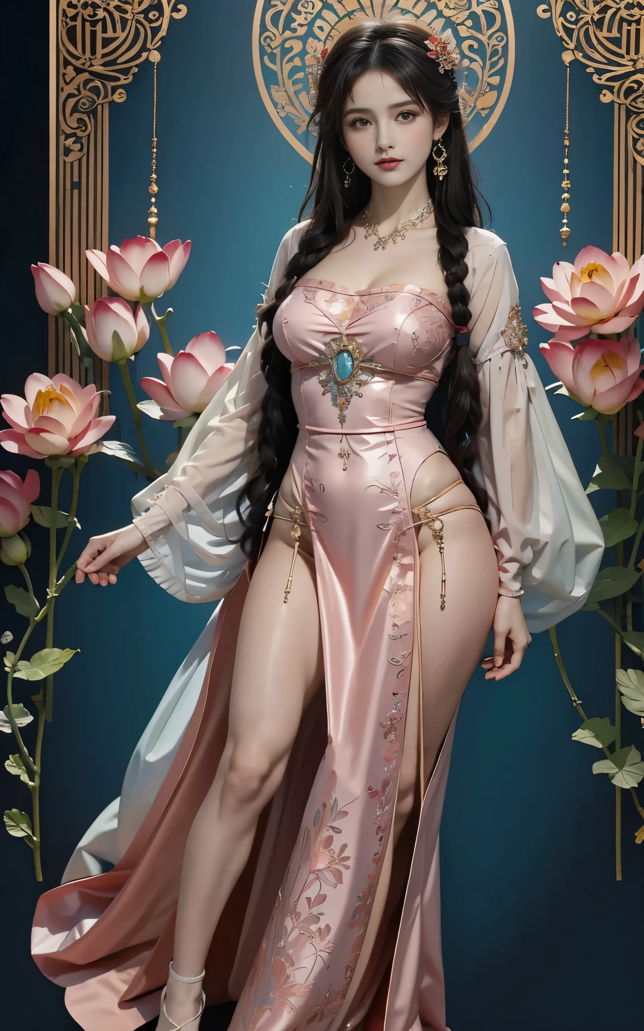 ( masterpiece , high quality,  is the best quality,  Official Art , Beauty and Aesthetics:1.2), ((A girl)), Extremely detailed,( Beautiful Breasts :1.2，Wide hips),( colorful :1.1)(Flowers:1.3),  exquisite details ,(Zentangle:1.2), ((Red with light pink blue national costume，Full body photo)), (Abstract Background:1.3), ( Shiny Skin ), ( Lots of colors:1.4), ,(earrings),   Delicate design and pattern in Alphonse Mucha style 