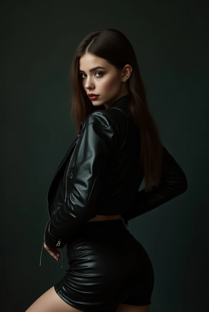 cute white skinned girl. beautiful grunge queen with long straight brown hair on sensual pose on black plastic jacket on sexy pose with black leather jacket and panties posing for a picture with her hands on her hips and her back turned, Eve Ryder, american barbizon school, black, a digital rendering