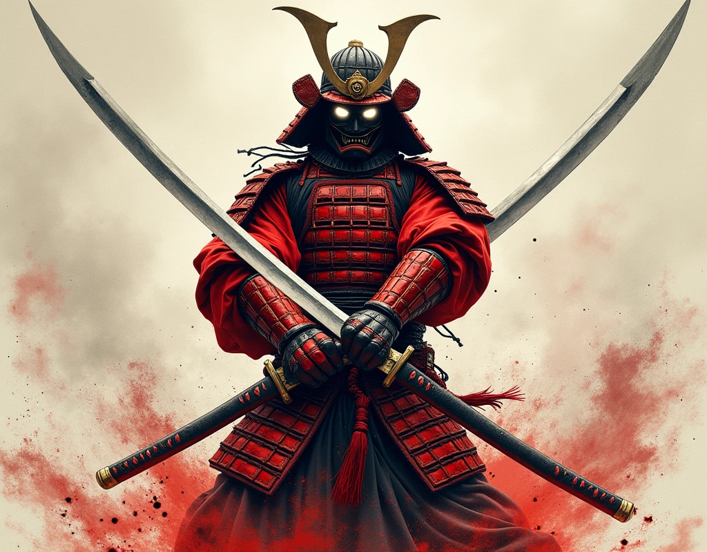 Score_9, Score_8, Score_7_up, 1man, samurai, white flame eye, red samurai armor, red helm, pocket, japan, (((Sword, Single-edged:1.5, Japanese Sword, perfection, perfection detail:1.5, great katana, huge, long))), ((both hands, Have)), Stance, Low body strength , dynamic, Oblique angle:1.2, (((Ink painting, force, shortage々Nice touch ))), forceのある刀, from front to back , angle