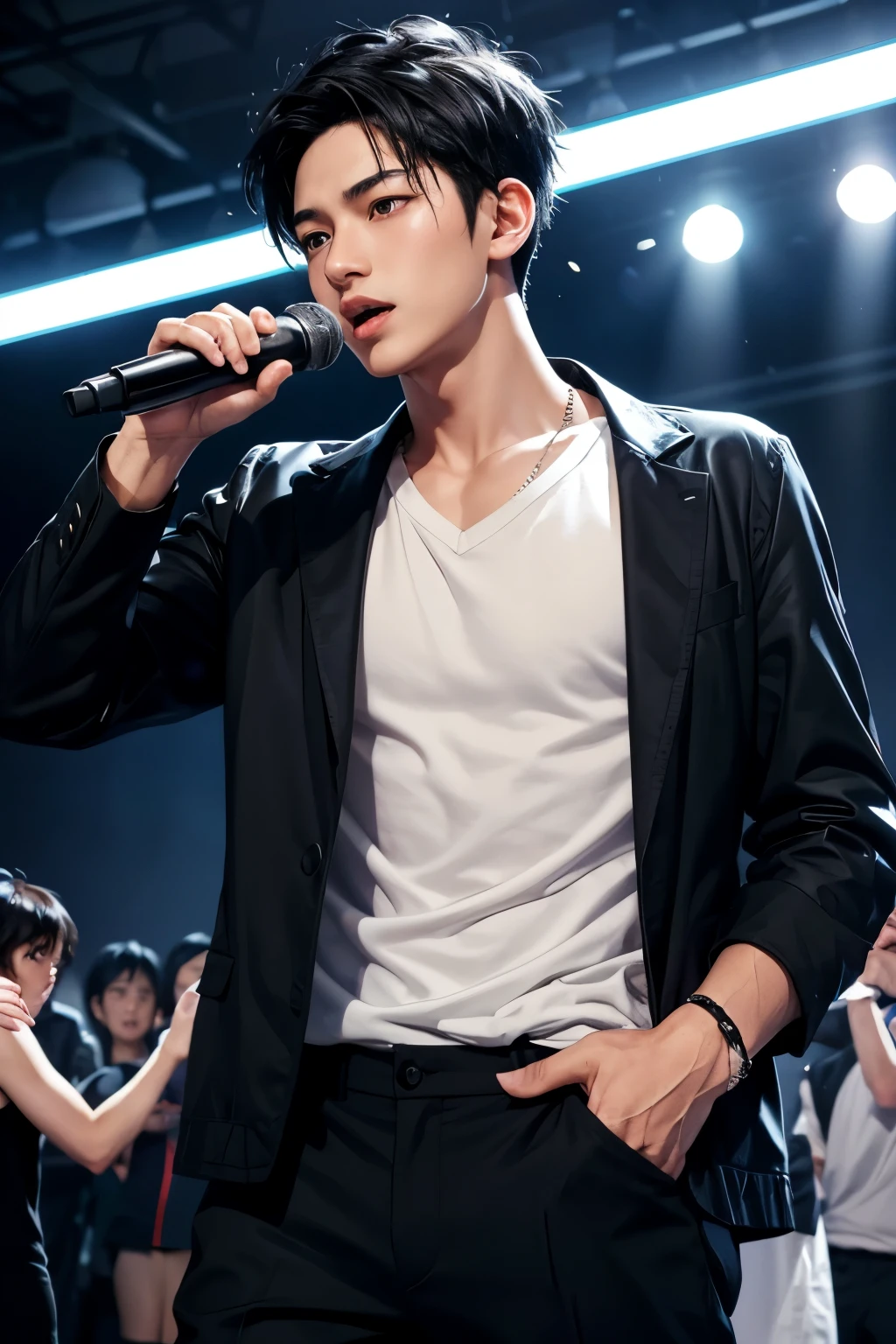 1 boy, handsome, black hair, japanese, Young, short hair, cool, rapper, singing in a night club, black eyes, ultra detail, ultra hd,realistic