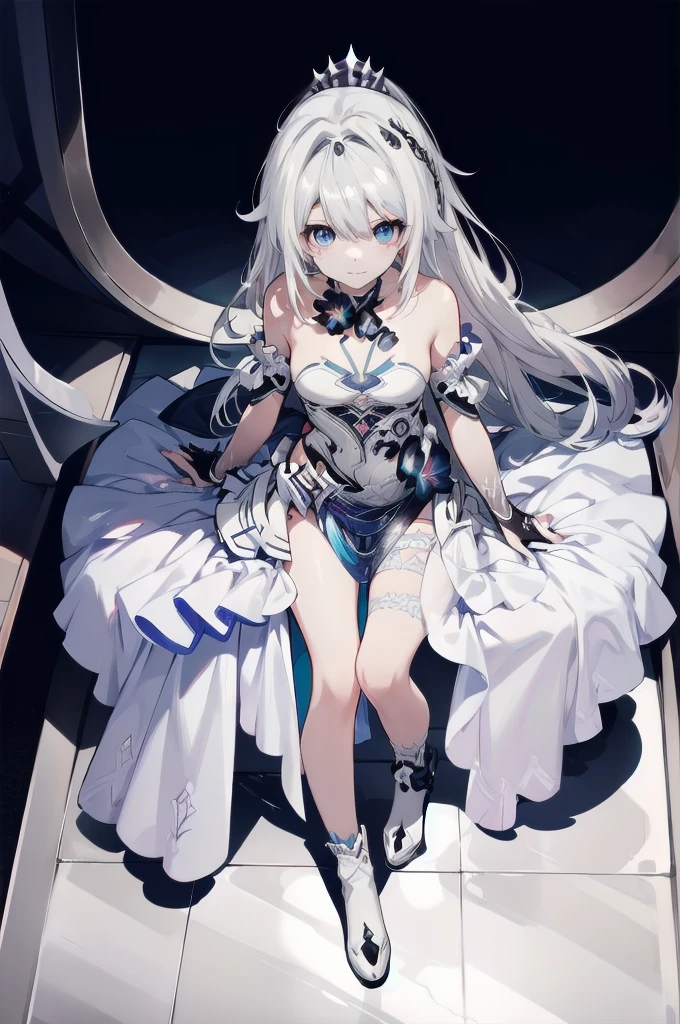 ((full body)),1 person, Alone, whole body, (Best Quality,8k, high resolution on down,masterpiece:1.2), very detailed,(Anime), The End of the Lord, Kiana \ (Serious impact 3)  very long gray hair ,  blue eyes, Alone,  very detailed顔の特徴, Small and beautiful eyes, cute,  and look at the audience, Shot from above,  amazing scenery ,  bright colors,  loose dress , Rich details,  Rich environment , Golden Ratio