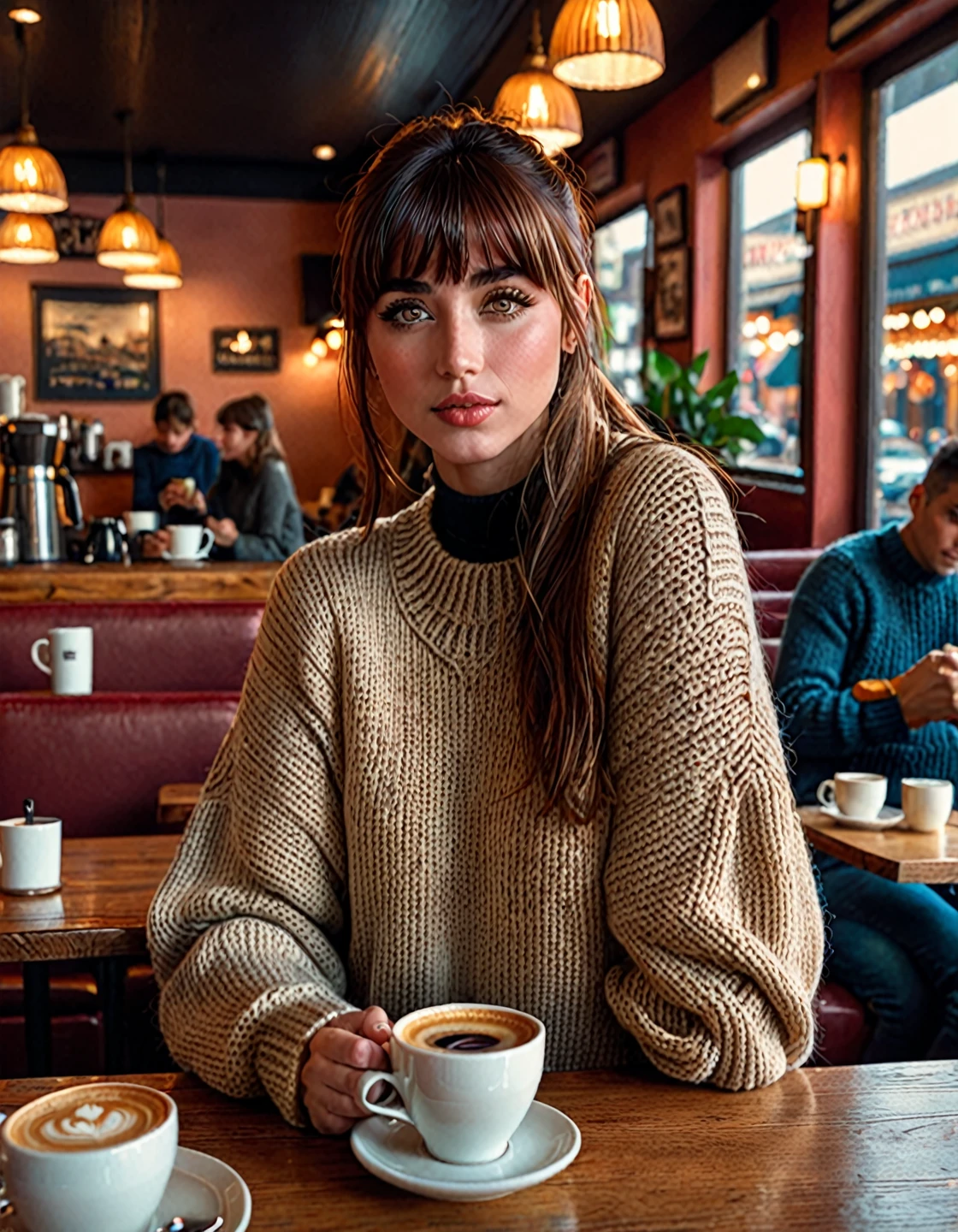 woman j0i,  beautiful detailed eyes , beautiful lips, detailed ,  extremely detailed face,   long lashes , girl with bangs, cozy coffee shop interior , a woman is sitting at a table, holding a cup of coffee, In a sweater and jeans,  photorealistic, highly detailed, 8 k,  better quality, masterpiece,  hyperrealistic,  cinematic lighting , warm tones