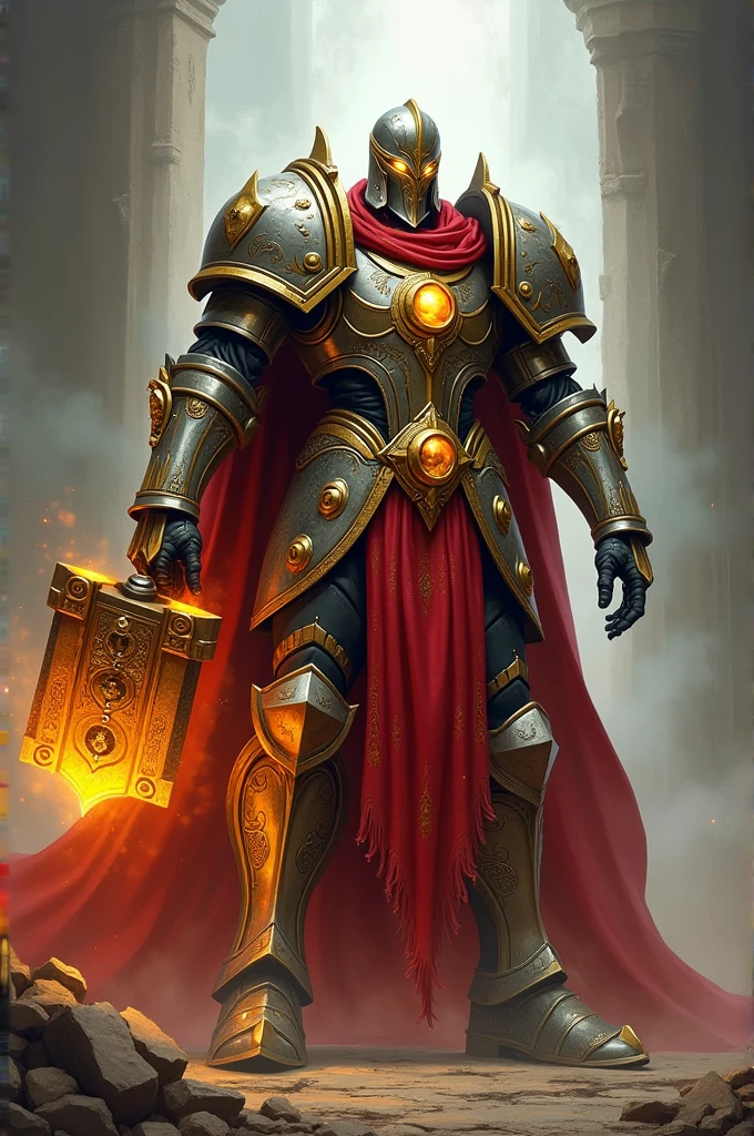 Creste one skull warrior with armor golden and red and blue with eyes blue brilliant and cape blue with shield