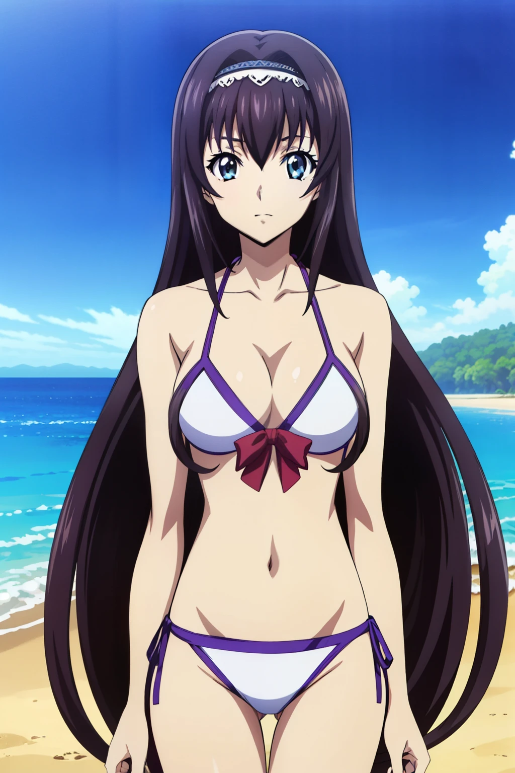 from side, 1 girl, cute, black hair, long hair, white lined highleg bikini, posing on beach, beautiful thighs, beautiful navel, armpit, groin,  (anime cels style, Masterpiece, best quality, high resolution, anime colored, megami magazine:1.2, anime poster style, anime keyvisual, sharp, 8k, photorealistic), beautiful eyes,