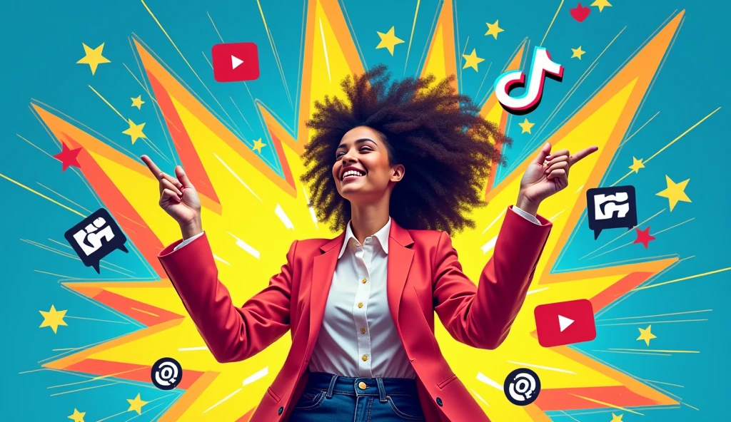 Theme: Eye-catching, vibrant, and energetic.
Subject: A dynamic image of Alex Drachnik (or a female figure resembling her) looking confident and excited, possibly pointing toward or interacting with bold "viral" symbols like a rocket or a graph soaring upward. This visually represents success and virality.
Background: Bright and bold colors like neon yellow or electric blue, with an overlay of social media icons (YouTube, TikTok, Instagram) and viral elements (exploding stars, digital fire). High contrast with a maximalist style, making the thumbnail pop out in a YouTube feed.
Text: No text, but the LinkedIn or TikTok logo can be subtly present.
Style: Bold, high contrast, with sharp lines and vibrant, playful visuals to make it stand out in a competitive thumbnail environment. realistic, unique, maximalist, Realistic, high contrast, bold, vibrant, eye catching