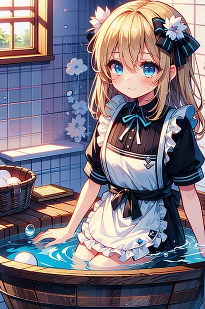 (4K,  super high quality, masterpiece:1.2),  super high definition, One person,  girl, cute, Blonde, Blue Eyes, Small breasts,  maid clothes,  black dress,  White Apron ,  white and black apron dress ,  Katyusha,  Blue Ribbon , Bathroom, Bathtub, Taking a bath, My clothes are still ,  soaked in water up to my chest, Submersion,  large amount of water droplets all over the body, Water drops on clothes too , soaked,  like a , Bright smile, Water drops dripping, 