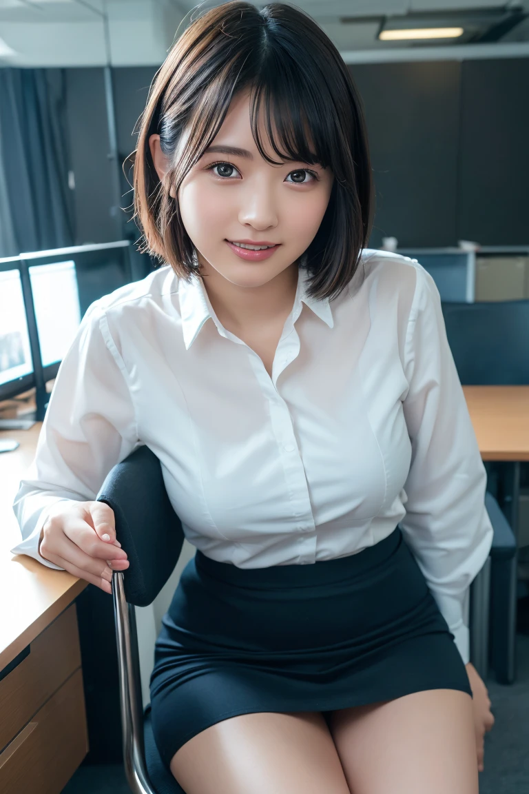 ((highest quality, 8k, Representative works in detail, ultra high resolution)), (group photo), (looking at the viewer), (middle shot:), Five attractive businesswomen,5 women, 横に並んでいる、a little chubby:0.25, white short sleeve collared shirt, ネイビーのTight Skirt、short skirt(sitting cross-legged at a desk in the office)), smile, office、バストが大きい、