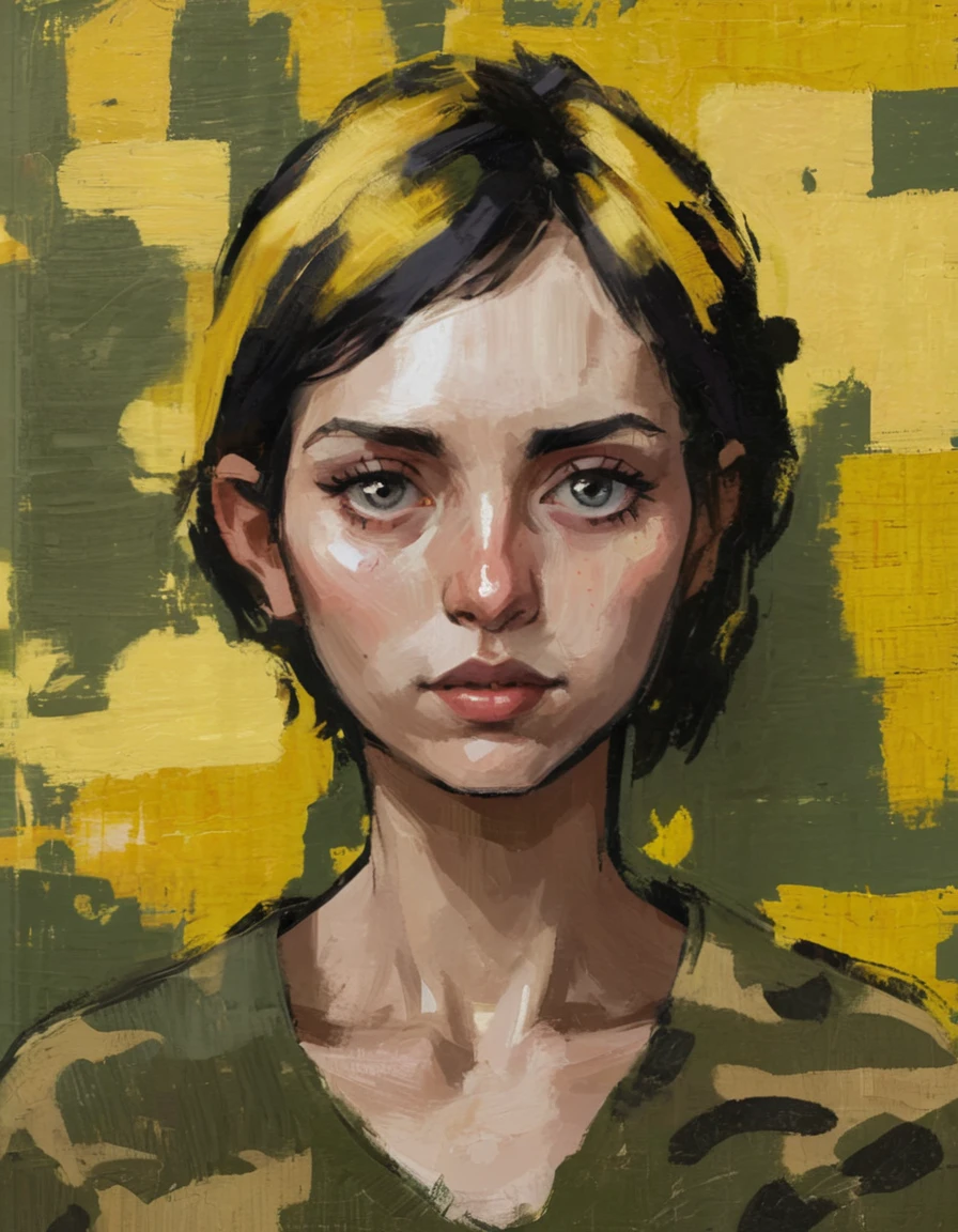 yellow camouflage, pixie dream girl, portrait, feminine, abstract painting 