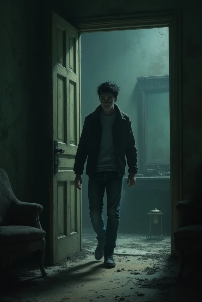 {{A dark and terrifying image of a ((disoriented man waking up in a dimly lit, decrepit prison cell)), the cold, cracked walls stained with blood and covered in menacing shadows.}} In the background, a ((rusty, old radio with a sinister glow emanating from it)) is perched on a small table, beginning to emit ((eerie, crackling static)). The scene is set in a ((gloomy, horror-filled atmosphere)), with the faint silhouettes of ((demonic creatures lurking in the darkness just beyond the cell bars)). The lighting is ((minimal and creepy)), casting ((long, threatening shadows)) across the scene, evoking a sense of impending doom and fear.