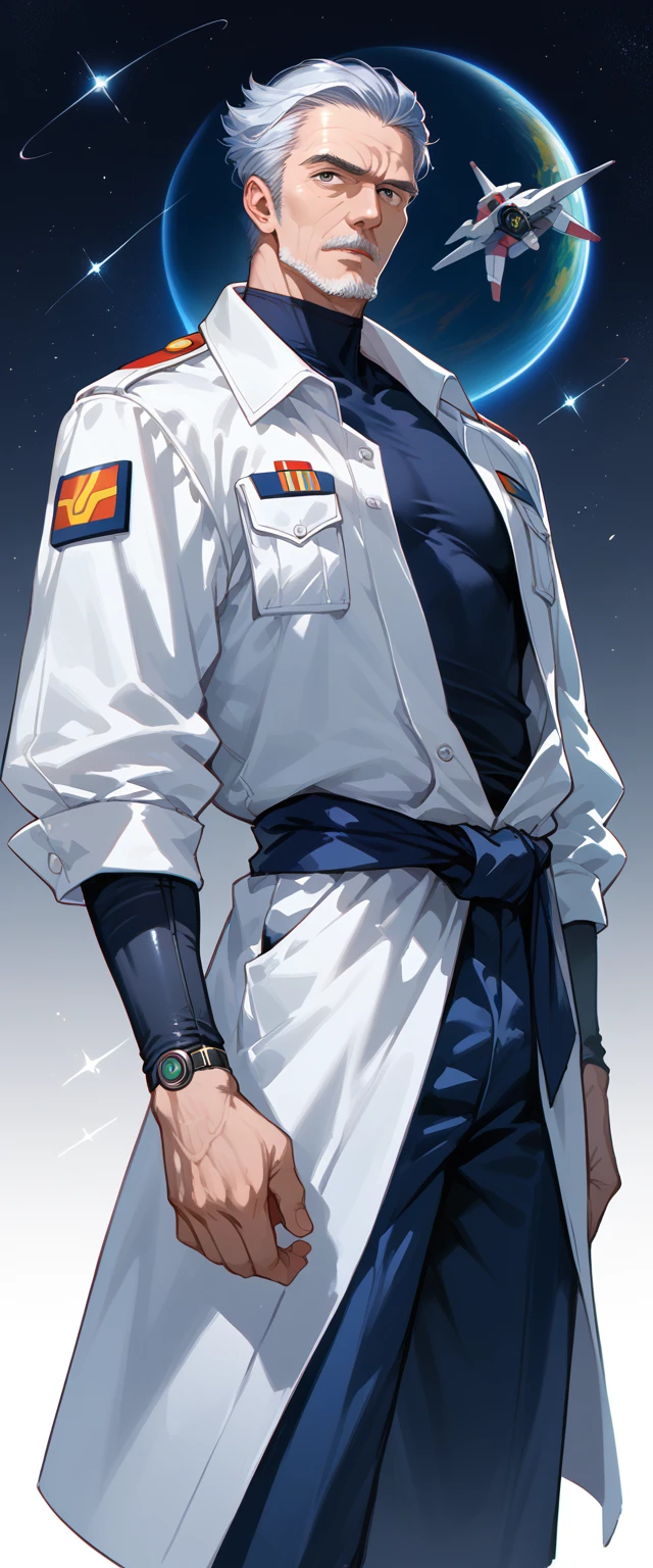 30 year old man ,Gundam pilot , Robot Gundam,  toned body,  space war environment, armed with 3 katanas around their waist