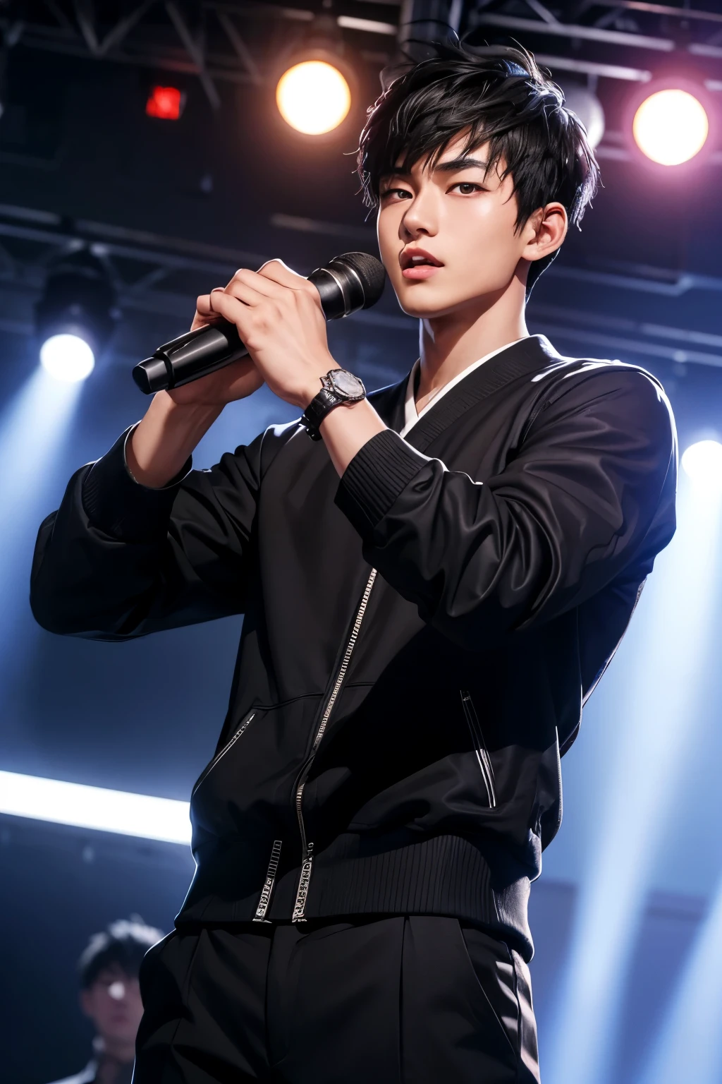 1 boy, handsome, black hair, japanese, Young, short hair, cool, rapper, singing in a night club, black eyes, ultra detail, ultra hd,realistic