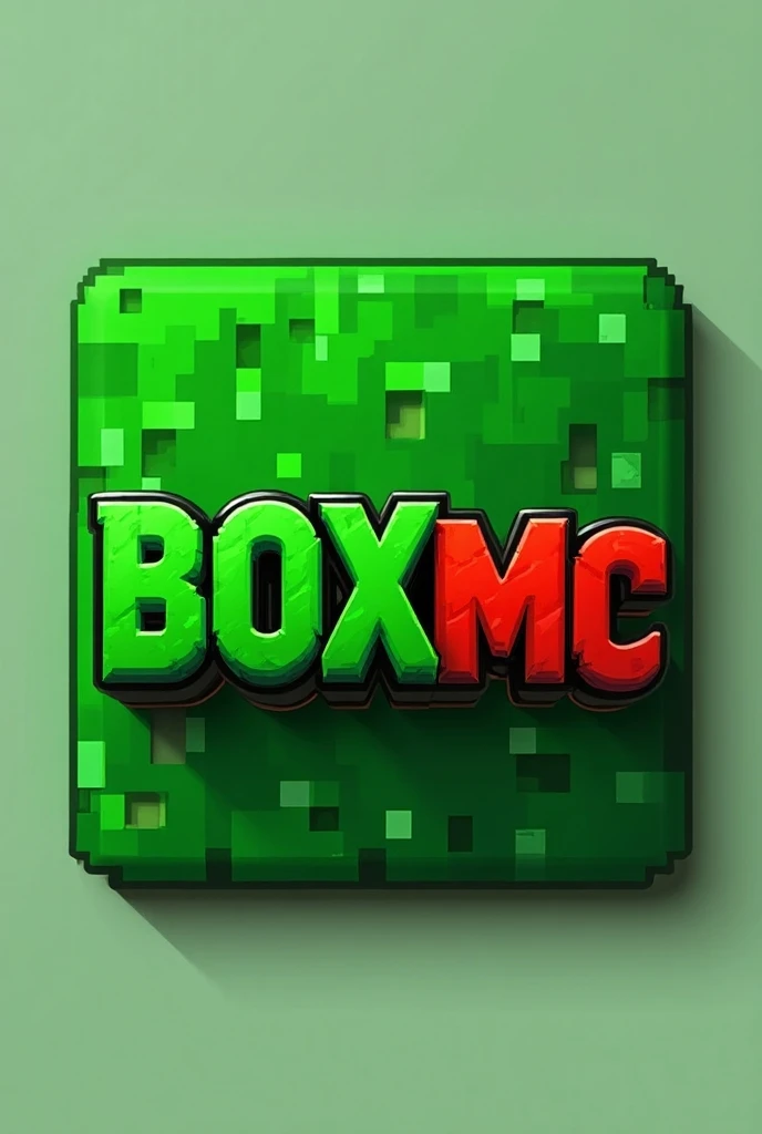 Design a square (1:1 ratio) logo for the Minecraft server 'BoxMc.' The main focus should be the bold, pixelated text 'BoxMc' in a blocky, 3D style that reflects the Minecraft aesthetic. The text 'Box' should be in shades of vibrant green, while 'MC' at the bottom should be in bright red for a strong visual contrast. Behind the text, place a textured green dirt block as the background, adding depth and dimension to the design. The dirt block should have a pixelated, 3D look, as if it were taken directly from Minecraft, with subtle highlights to make it stand out. The overall design should evoke a sense of fun and adventure while maintaining a clean, professional look. Ensure that the logo is easily readable and recognizable at any size, ideal for social media profiles, websites, and in-game use.