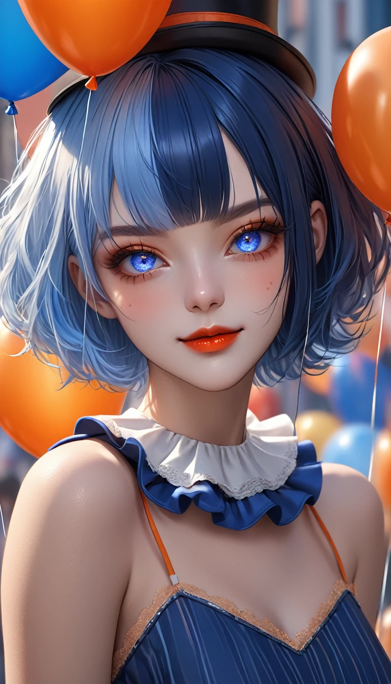 masterpiece,   high resolution on down ,   anatomically correct , 最 high quality,   high detail ,  high definition model ,   very detailed,   high quality,  Ultra High Definition,   Textured Skin,  Realistic Skin , Delicate skin, orange and blue split hair, Bob Hair,  bangs between eyes, Blue Eyes,  Sparkling Eyes,  high resolution on downの目, Adult women, textured lips,  heavy makeup, 
 has a faint smile,
Clown woman ,
Wearing clown clothes,  wearing hats ,
 Dramatic Angle ,
balloon,