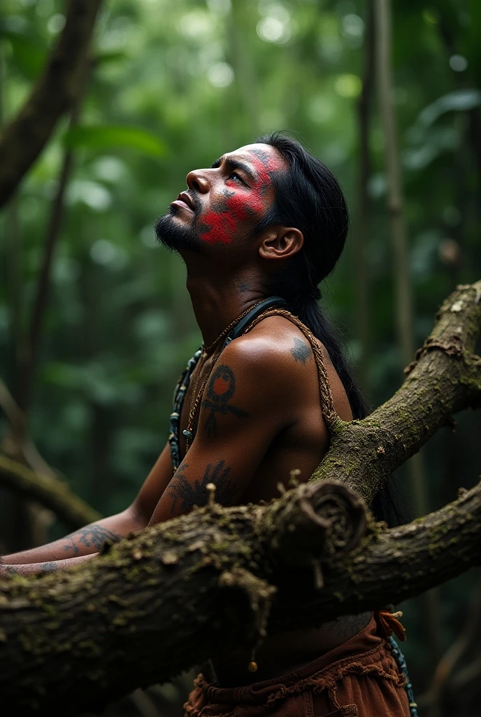 Raising a baby boy with dark straight hair, red paint on his face, looking like an Indian with leaves on his body, behind a jungle