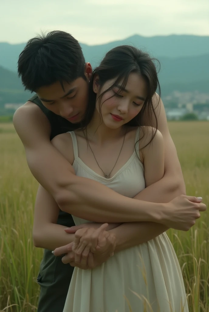 Ikutan challenge maen di kebon
a beautiful Korean Woman with a shock pain face leaning forward. Background, a handsome Korean man they were both completely naked , standing close behind woman holding arms tightly, stopping her from leaving and a farm field. fullbody Visibel