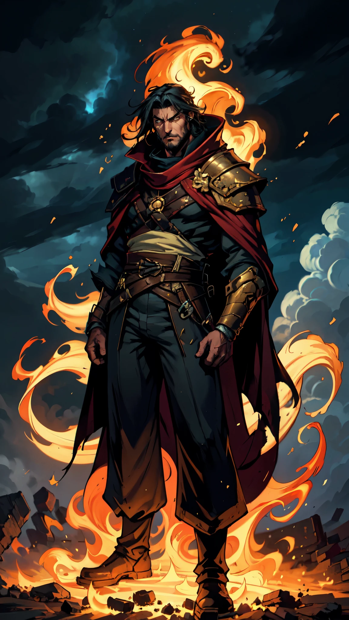 (masterpiece:1.2, best quality:1.2, extremely delicate:1.2), ((male:1.5)), a middle-aged man with medium-length black hair, a yellow headband, thick eyebrows, focused gaze, dignified face, large beard, tall and slender physique, a fantasy-style mage robe, the color scheme is primarily Yellow with White and Black accents, large wide hem, large shoulder armor resembling a cloak, a fire dragon belt, fabric trousers, the background features a thundercloud sky lit up by a red glow from the flames, this character embodies a finely crafted fantasy-style mage in anime style, exquisite and mature manga art style, dramatic, high definition, highres, ultra-detailed, ultra-fine painting, professional, perfect body proportions, golden ratio, anatomically correct, symmetrical face, extremely detailed eyes and face, high quality eyes, creativity, RAW photo, UHD, 32k, Natural light, cinematic lighting, (masterpiece-anatomy-perfect:1.2)